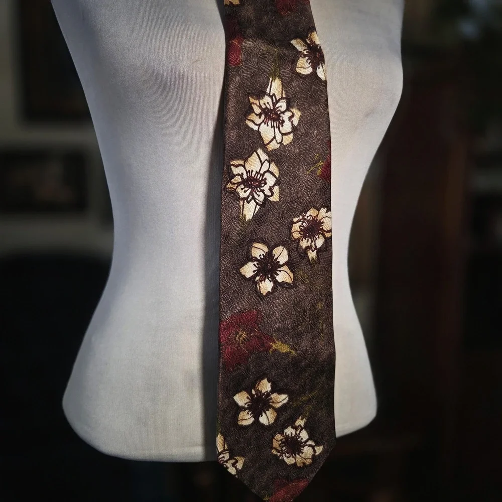 Structure Silk Tie Brown Floral Print Vintage 90s Retro Mens Necktie Made in USA